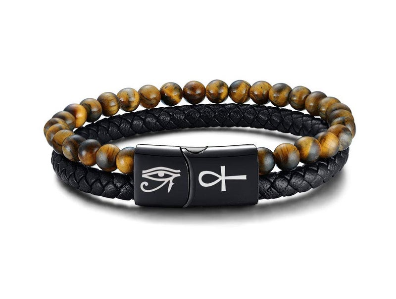 VNOX Two-Strand Braided Leather Cuff Wristband Bead Rope Bracelet Engraved Egyptian Eye of Horus Eye of Ra Ankh Cross Bracelet,Brown - Image 1